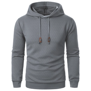 Men's dark gray jacquard hooded sweatshirt with geometric texture and leather drawcord details