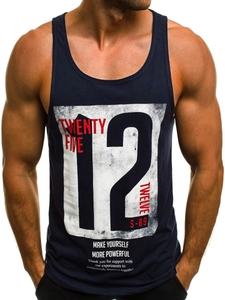 Detail of navy blue fitness tank top with vintage white number 12 and typography print