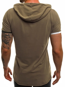 Vista posteriore della maglietta con cappuccio verde militare slim fit con maniche corte