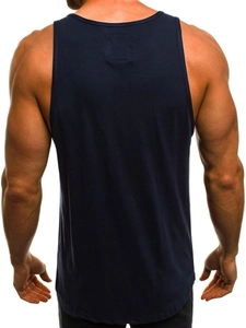 Close-up of the racerback design and muscular fit on a navy blue men's fitness tank top