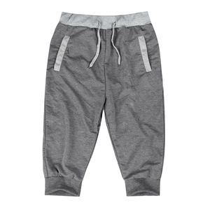 Detailed view of grey slim fit men's jogger shorts with light grey waist contrast and drawstring