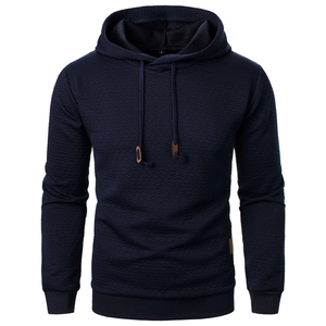 Men's navy blue jacquard hoodie with textured knit pattern and leather drawstring details
