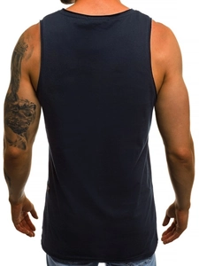Rear view of slim fit navy blue men's sports vest showing muscle definition and tailoring