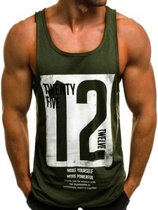 Close-up of army green gym tank top featuring bold number 12 print and deep cut shoulders