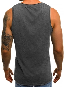 Close-up back view of dark grey slim-fit cotton athletic tank top for men