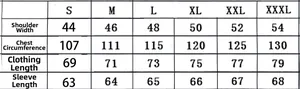 Detailed men's zip-up sweatshirt size chart showing chest width and sleeve length