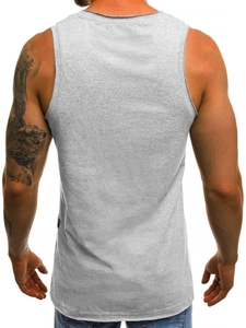 Rear view of men's slim fit sports tank top in heather grey with fine knit texture
