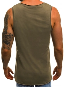Close-up of the back view of a slim-fit olive green sleeveless tank top for men