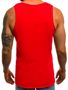 Rear view of men's red slim fit sports tank top with curved hem and crew neck design