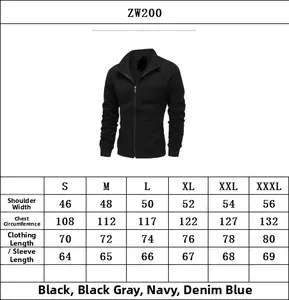Men's zip knit sweater size chart with chest, shoulder, and length measurements