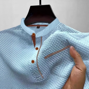 Men's ice silk waffle texture light blue polo shirt with contrast collar detail