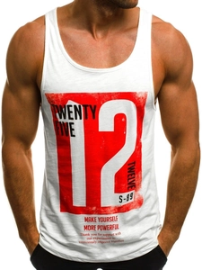 Men's white fitness tank top with red graphic print number 12 for gym and running