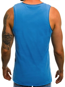 Rear view of breathable bright blue sports tank top with reinforced shoulder stitching