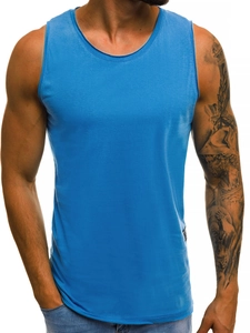 Close-up detail of a bright blue slim-fit sports tank top with small woven side label