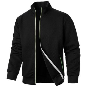 Men's black stand collar sweatshirt with neon green zipper trim and diamond texture jacket