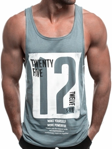 Men's slim fit gym tank top in light grey featuring athletic numbered graphic print