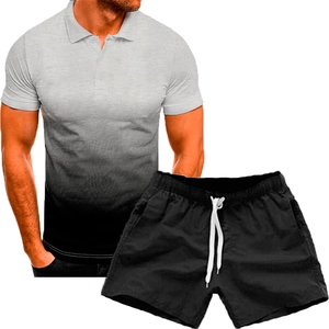 Detail of men's polo set with grey gradient short sleeve top and drawstring shorts