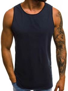 Detail view of navy blue slim fit sports vest featuring breathable fabric texture