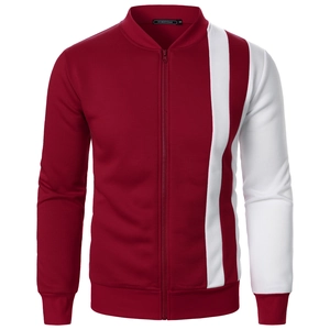 Men's color block zip-up sweatshirt jacket in dark red and white with ribbed cuffs
