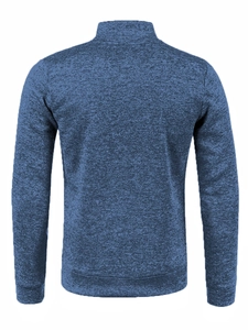 Detailed back view of men's blue melange knit sweater with standing collar and ribbed cuffs