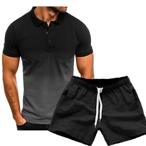 Short sleeve polo shirt with black grey gradient and matching sports shorts set