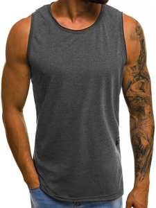 Detailed close-up of dark heather grey athletic tank top with high-density knit fabric