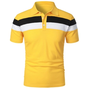 Close-up of polo shirt collar and striped chest pocket showing textured pique cotton fabric