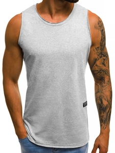 Detail of slim-fit men's heather grey athletic tank top with black hem woven label