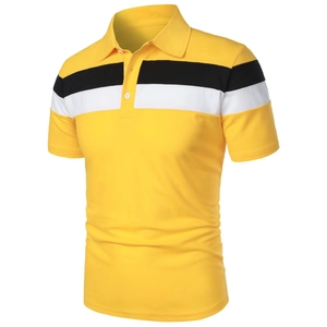 Detail of men's yellow polo shirt with black and white horizontal stripes on the chest