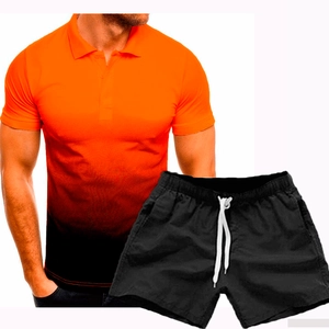 Men's summer casual polo set featuring an orange gradient shirt and black sports shorts