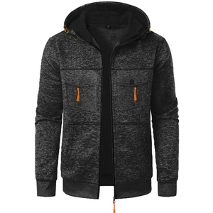Veste à capuche en maille chinée gris foncé pour homme avec poches et détails orange