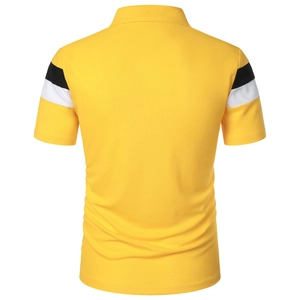 Rear view of yellow pique cotton polo shirt featuring striped black and white sleeve cuffs