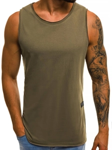 Close-up of olive green slim-fit men's sports vest showing fabric texture and square label