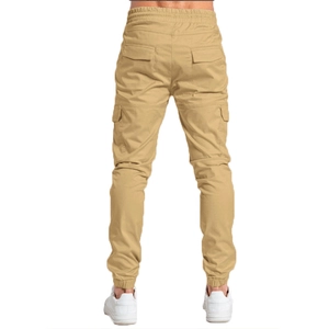 Rear view of men's khaki cargo joggers showing elastic waist and multiple utility pockets