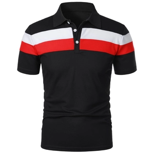 Detail of three-stripe contrast color pattern on men's short sleeve polo shirt
