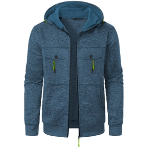 Veste à capuche de sport pour hommes en bleu chiné avec des détails vert fluo et poches