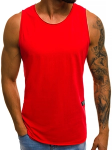 Close-up of red men's slim-fit athletic tank top with breathable knit fabric details