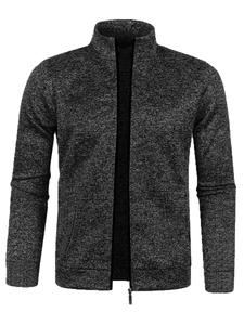 Detail view of charcoal marled knit texture and sturdy metal zipper on a men sweater