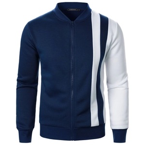 Men's navy blue zip-up jacket with vertical color-block panel and ribbed cuffs