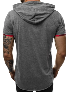 Vista posteriore dettagliata della t-shirt da uomo con cappuccio in grigio antracite e rosso