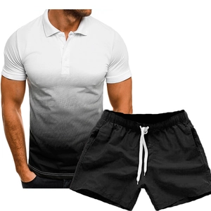 Men's summer sport polo set with grey gradient short sleeve shirt and black shorts