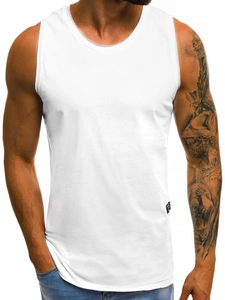 Close-up of white slim-fit cotton vest featuring a small black woven label at the hem