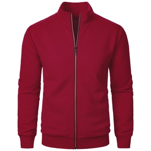 Detailed view of dark red men's stand collar jacket with 3D embossed texture and metal zipper