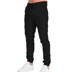 Men's black slim fit cargo jogger pants with side pockets and elastic drawstring waist