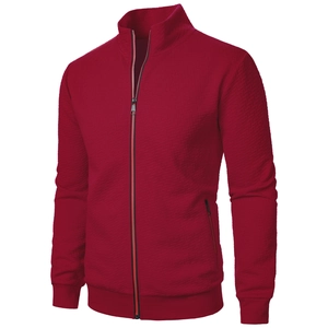 Close-up of men's burgundy full-zip cardigan jacket with a unique 3D diamond texture weave