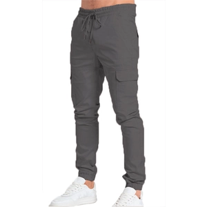 Men's slim fit dark grey cargo pants with side pockets and elastic drawstring waist