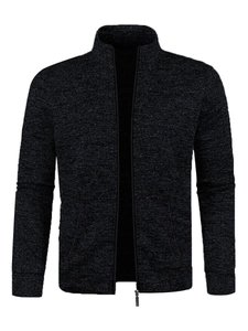 Detailed texture of dark grey men's knit cardigan with zipper closure and stand collar