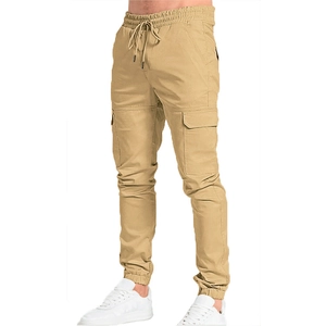 Men's khaki slim fit cargo jogger pants with elastic drawstring waist and side flap pockets