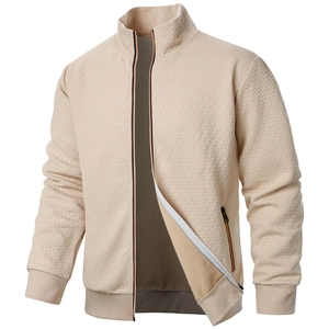 Men's waffle knit stand collar zipper jacket in khaki with ribbed cuffs and hem