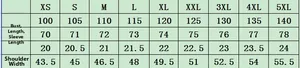 Size chart detail for men's 3D print polo shirt covering measurements from XS to 5XL